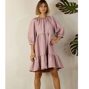 NWT Elegant Mauve Puff Sleeve ruffle baby doll Dress s, m, l